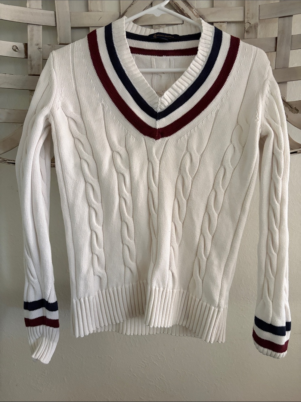 Brooks Brothers White Cable V-Neck Sweater with Navy & Burgundy Trim